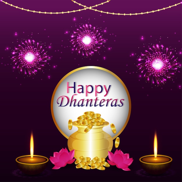 Happy dhanteras , happy diwali celebration background with diya and gold coin pot