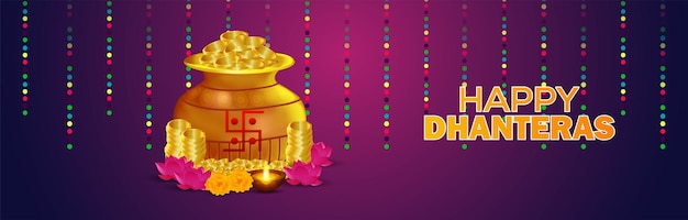 Vettore felice dhanteras e felice kalash di monete d'oro diwali