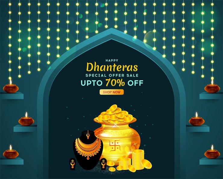 वेक्टर happy dhanteras indian festival background design on diwali sale with beautiful gold jewellery coins and oil lamps
