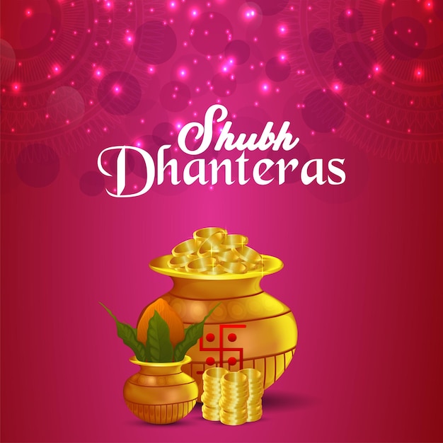 Happy dhanteras indian festival celebration card with gold coin pot