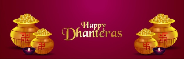 Вектор Заголовок празднования индийского фестиваля happy dhanteras с реалистичным горшком с золотыми монетами