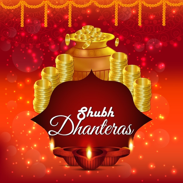 Happy dhanteras with golden coin pot and lotus