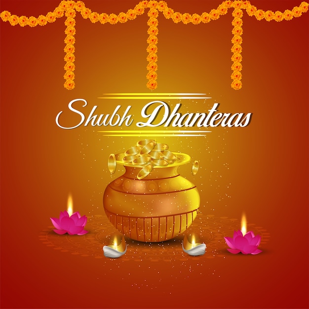 Vector happy dhanteras with golden coin pot and lotus