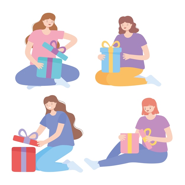 Vettore donne differenti felici che aprono l'illustrazione di vettore di celebrazione dei contenitori di regalo