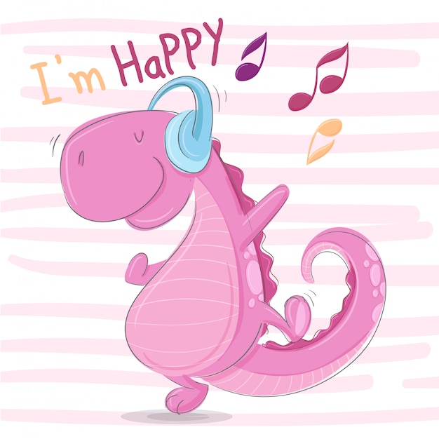 Vector happy dino listen music