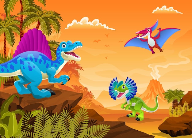 Vector happy dinosaurs in prehistoric desert land scene illustration for children book