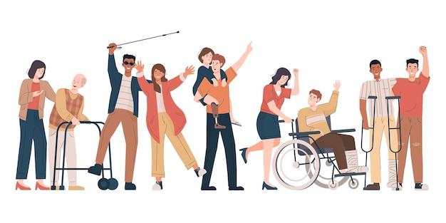 Vector happy disabled people with their friends and family