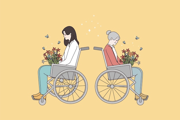 Donne disabili felici emozionate con mazzi di fiori