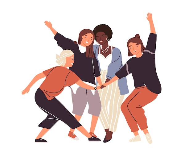 Happy diverse female friends putting hands together vector flat illustration. Group of smiling woman enjoying friendship, support and cooperation isolated. Funny people demonstrate gesture of unity.