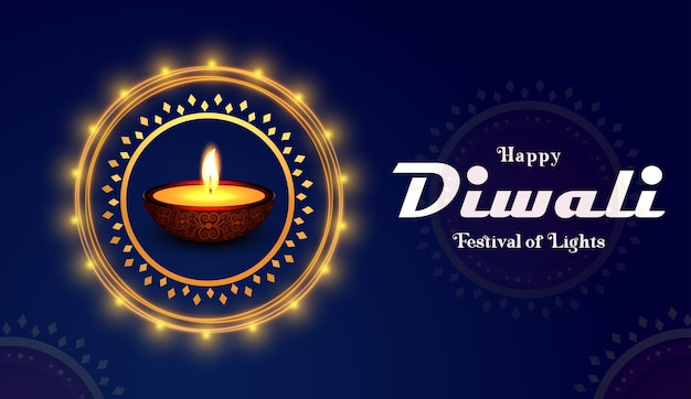 Happy Diwali banner design with illuminated oil lamps