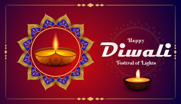 Happy Diwali banner design with illuminated oil lamps