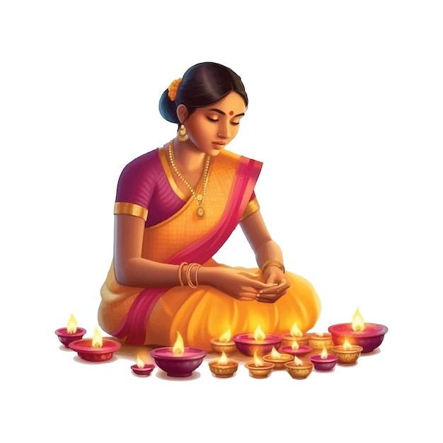 Vector happy diwali beautiful hindu indian young women lightening diya on diwali day