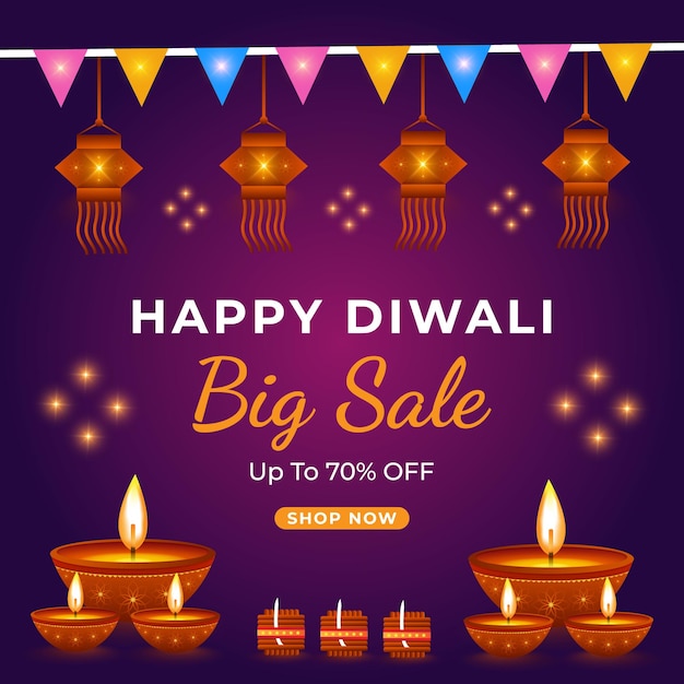 Happy diwali big sale poster design background with diya. большая распродажа diwali со скидкой до 70 процентов.