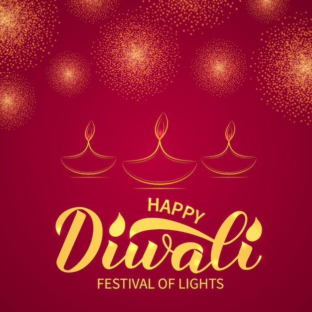 Happy Diwali calligraphy lettering with burning diya candle and gold fireworks Traditional Indian festival of lights banner Vector template for typography poster flyer postcard greeting card etc