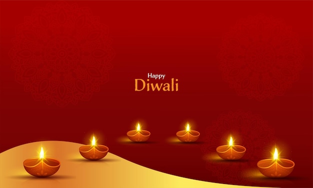 Happy Diwali Celebration Banner Design With Illuminated Oil Lamps Diya On Yellow And Red Mandala Pattern Background