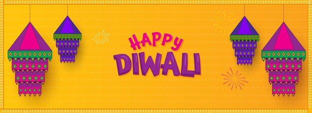 Happy diwali celebration banner or header design with hanging traditional lanterns kandeel on chrome yellow background