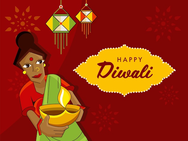 Happy Diwali Celebration Concept met Cartoon Indiase vrouw met verlichte olielamp Diya en Kandeel lantaarn hangen op rode achtergrond