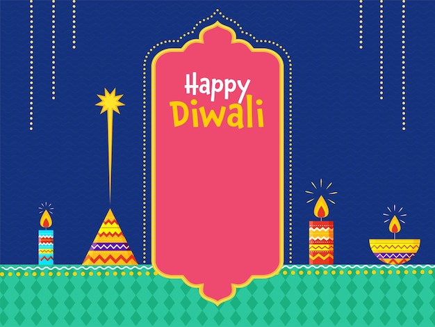 Happy diwali celebration concept met verlichte kaarsen, olielamp (diya) en voetzoeker anar op blauwe en groene achtergrond.