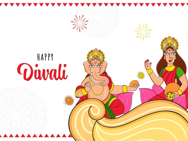 Concetto felice di celebrazione di diwali con l'illustrazione del carattere di lord ganesha e della dea lakshmi su cenni storici bianchi.