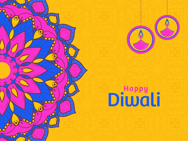 Vector happy diwali celebration concept with oil lamps (diya) hang and rangoli or mandala pattern on yellow background.