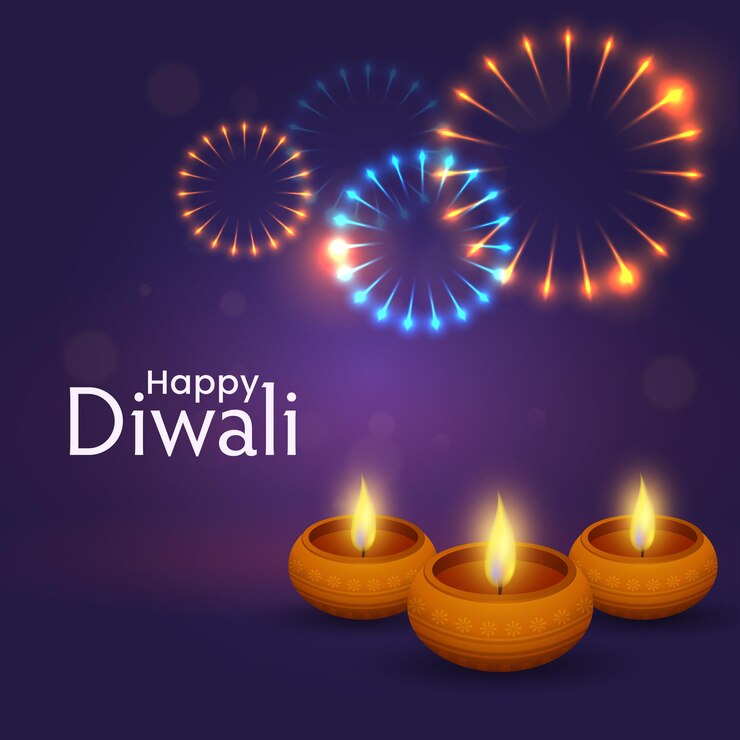 Happy Diwali Celebration Concept With Realistic Lit Oil Lamps (Diya) On Purple Fireworks Background.