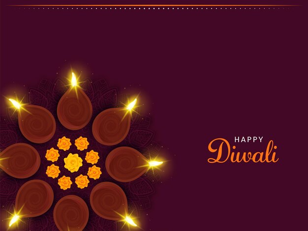 Happy Diwali Celebration Concept With Top View Of Burning Realistic Oil Lamps Diya And Marigold Flowers Over Rangoli On Dark Pink Background