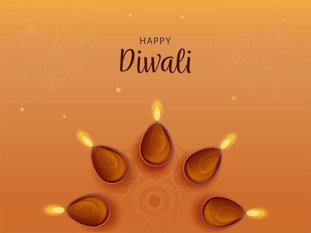 Happy Diwali Celebration Concept With Top View Of Illuminated Oil Lamps Diya On Orange Mandala Pattern Background