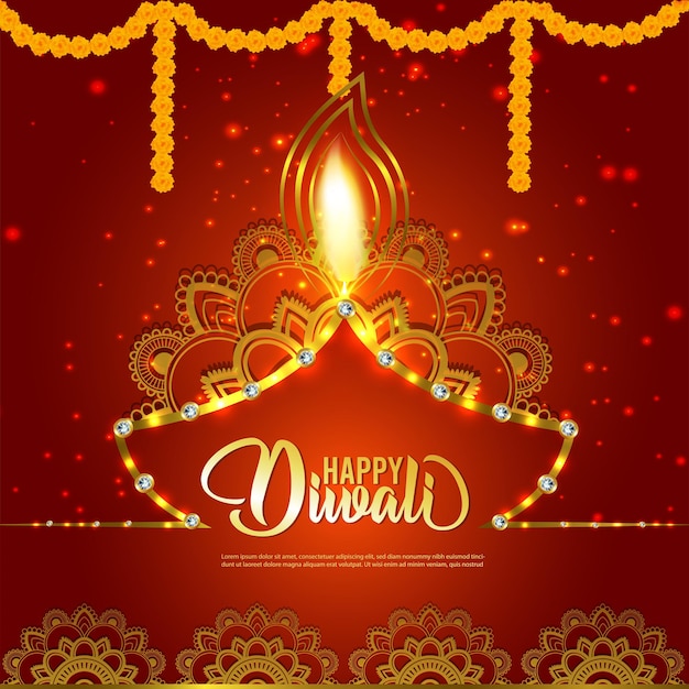 Vector happy diwali celebration greeting card with coin pot