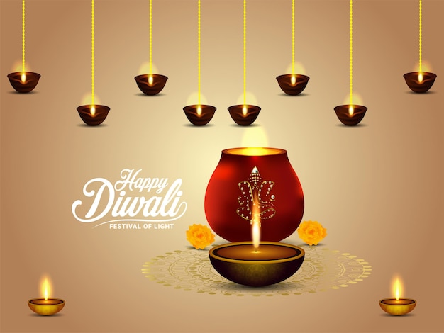 Cartolina d'auguri felice celebrazione diwali con vaso luminoso creativo e diwali diya