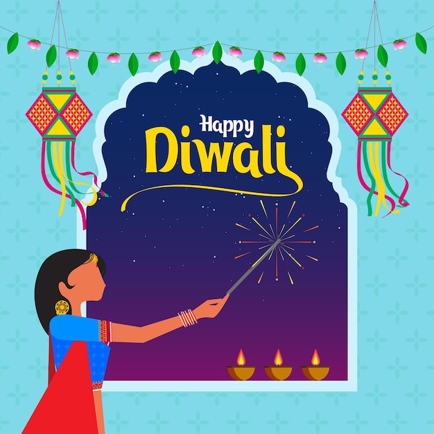 Happy diwali celebration at indian window, illustration of women hand holding sparkle