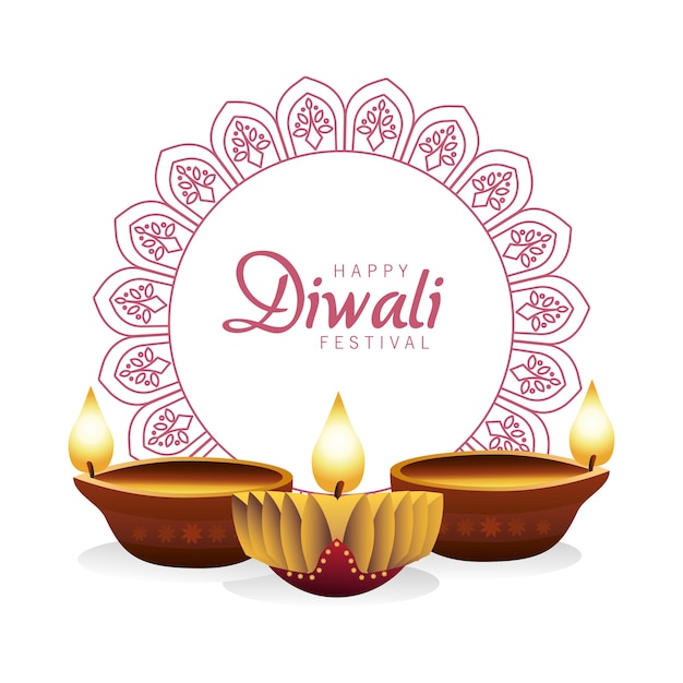 Happy diwali celebration with three candles wooden in mandala