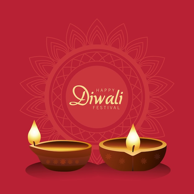 Happy diwali celebration with two candles wooden in red background