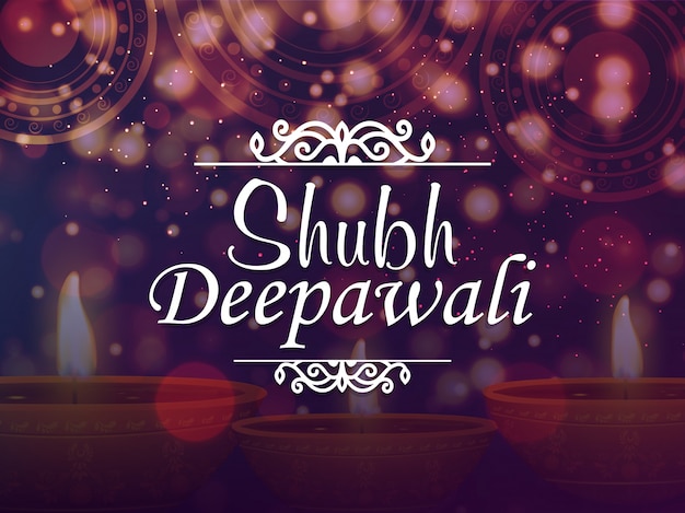 Vector happy diwali celebrations background with illuminated oil lit lamps and stylish text subh diwali.