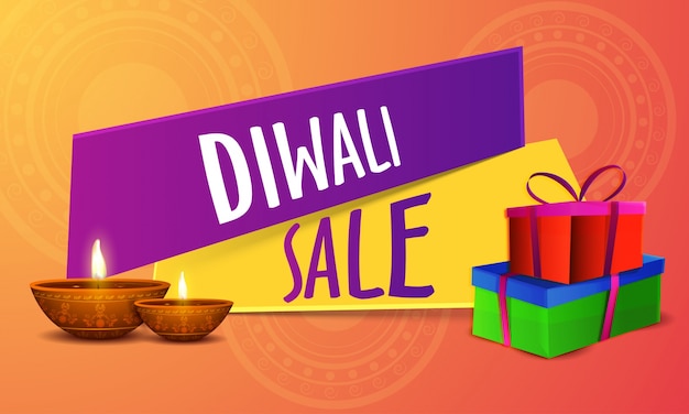 Vector happy diwali celebrations banner with illuminated oil lit lamps, gift boxes.