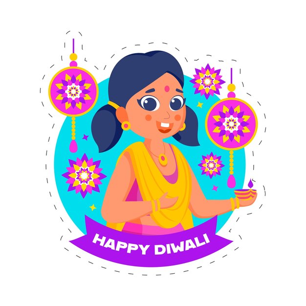 Vector happy diwali concept with cartoon girl holding lit oil lamp (diya), mandala ornament on blue and white background.