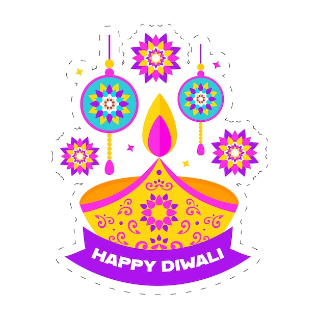 Concetto diwali felice con lampada a olio accesa diya e ornamento mandala su sfondo bianco