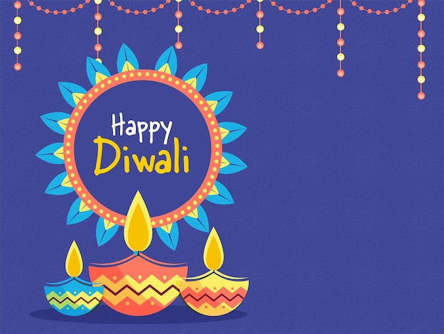 happy diwali concept with lit oil lamps (diya) and lighting garland on blue background.