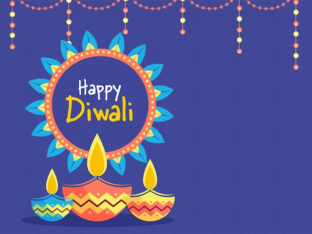 Happy Diwali Concept With Lit Oil Lamps (Diya) And Lighting Garland On Blue Background.