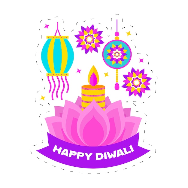 Happy Diwali Concept With Lotus Flower Lit Candle Lantern Hang And Mandala Ornament On White Background