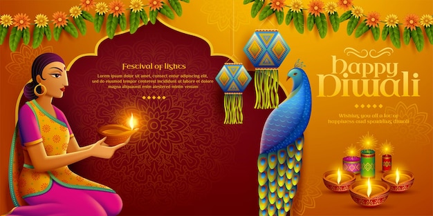 Happy diwali design with beautiful indian woman holding oil lamp diya and there are marigolds