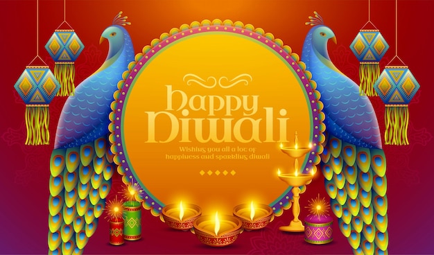전통적인 인도 랜턴과 오일 램프 옆에 아름다운 공작이 서 있는 해피 디왈리 디자인