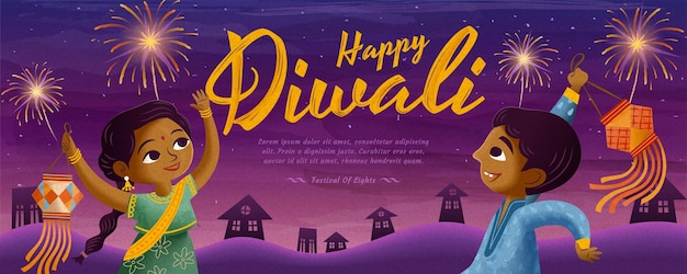 Happy diwali design con bambini che tengono in mano una lanterna tradizionale e si godono i fuochi d'artificio