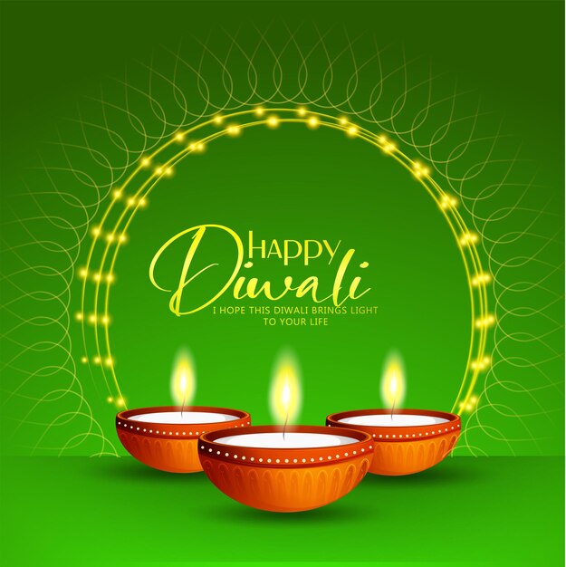 Felice design diwali con elementi della lampada a olio diya su sfondo, effetto bokeh scintillante