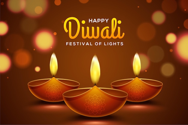 Happy diwali design with diya oil lamp elements on brown rangoli background, bokeh sparkling effect