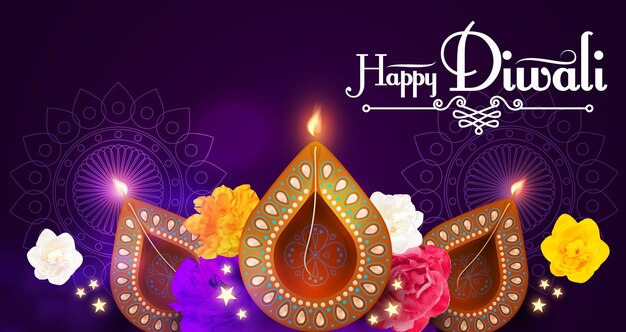 Vettore happy diwali design con elementi di lampada a olio diya su sfondo viola rangoli effetto scintillante bokeh