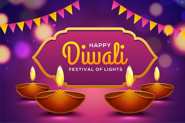 Happy diwali design with diya oil lamp elements on purple rangoli background, bokeh sparkling effect