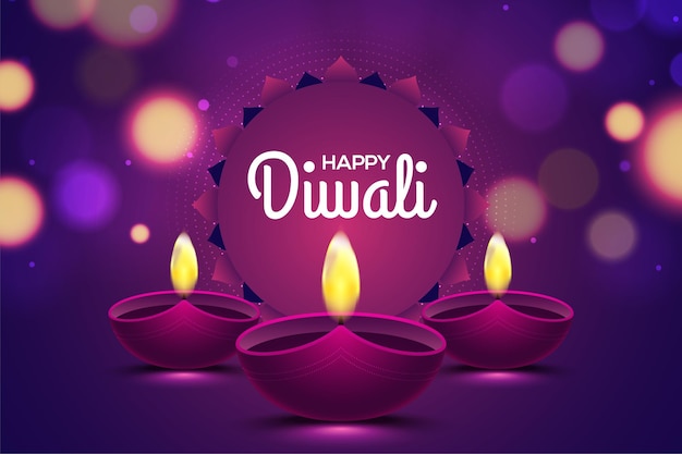 Happy diwali design with diya oil lamp elements on purple rangoli background, bokeh sparkling effect