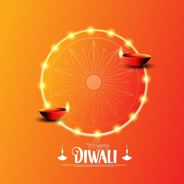 보라색 랑골리 배경에 Diya 오일 램프 요소가 있는 해피 디왈리 디자인
