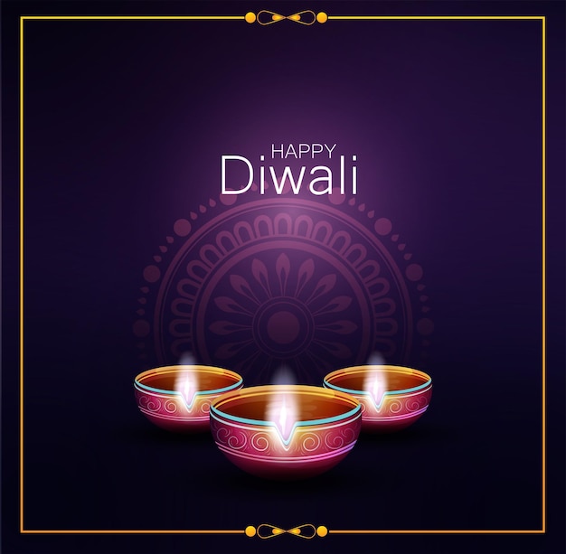 Happy Diwali design with Diya oil lamp elements on rangoli background, bokeh sparkling effect