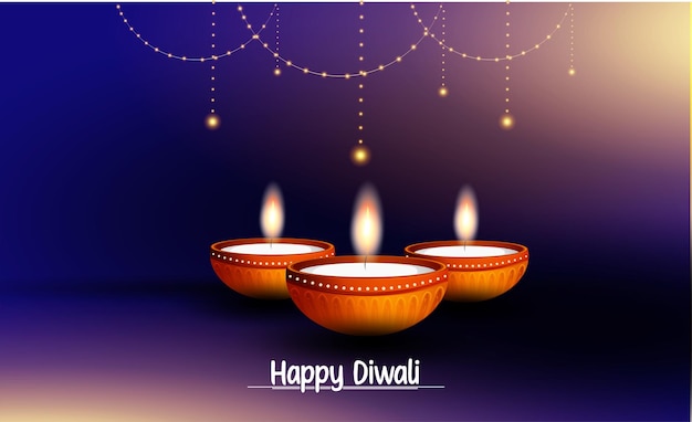 Happy Diwali design with Diya oil lamp elements on rangoli background, bokeh sparkling effect